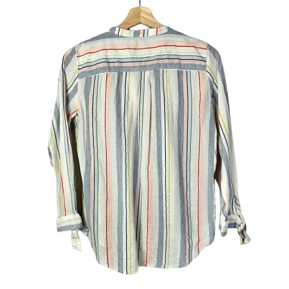 J. Crew‎ Mercantile Tie Sleeve Striped Collarless Button Down Long Sleeve S